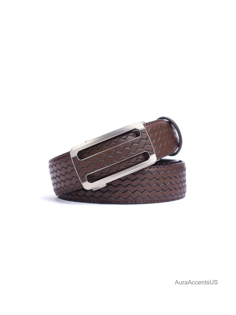Men's Woven Leather Ratchet Belt, Adjustable Slide Dress Belt with Automatic